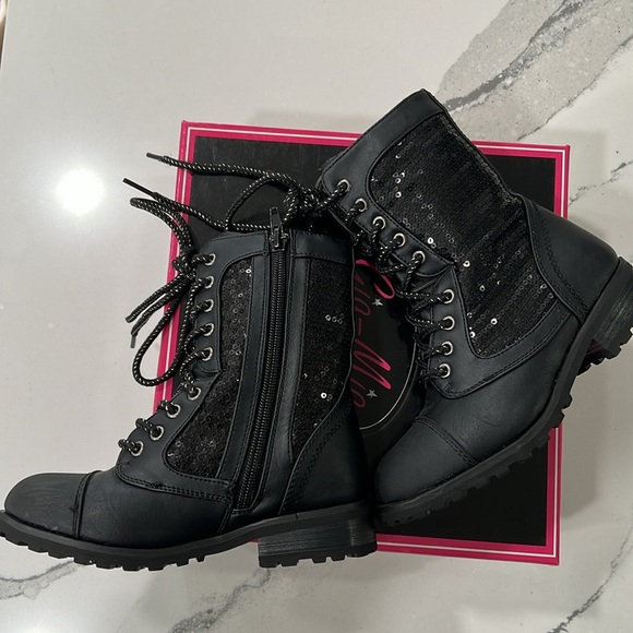 Gia Mia Performance Black Sequin Combat Boots Dance - Picture 4 of 5